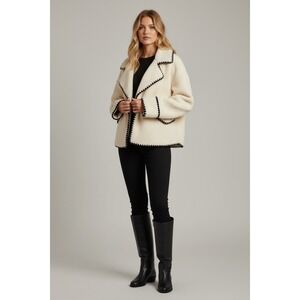 Cream Sherpa Whipstitch Jacket Plus Size XXL Beige Faux Shearling Coat